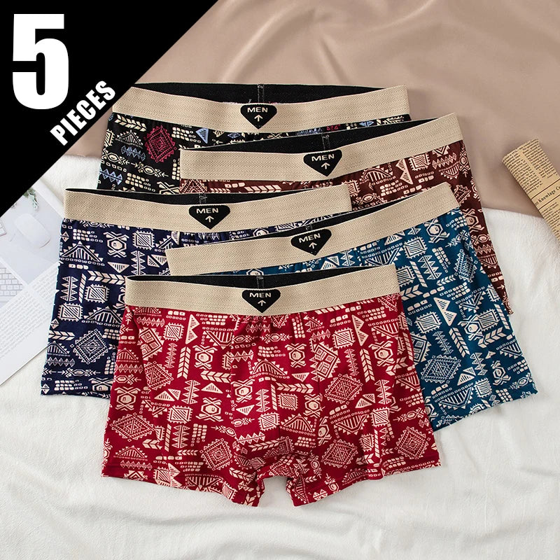 5 Pcs Fashionable And Versatile Printed Underwear For Men In All Seasons Comfortable Plus Size Youth Boxer Shorts Casual Shorts