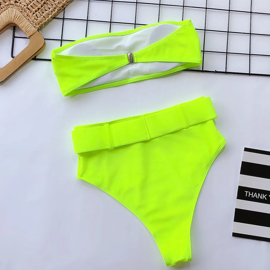 2023 Swimsuit Women Neon Green Strapless High Waist Bikini Beach Bathing Suit Waist Buckle Swimwear Maillot De Bain Femme XMB10