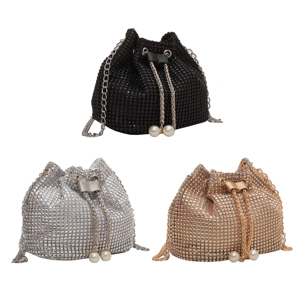 Women Rhinestone Shoulder Bag Summer Shiny Diamonds Chain Crossbody Messenger Bag Fashion Female Pearl Bucket Handbags Purse