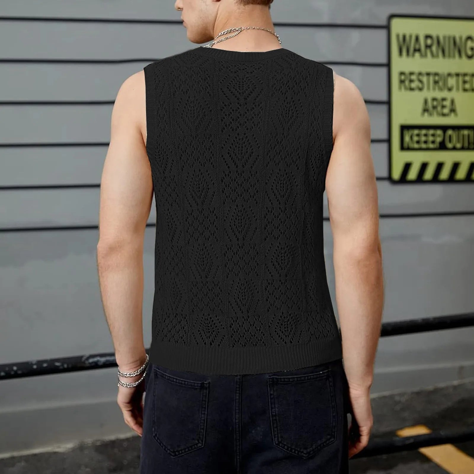 Beach Tops For Men Men'S Knitted Hollowed Out Vest Crew Neck Sleeveless Male Clothes With Designs Camiseta Sin Mangas Hombre