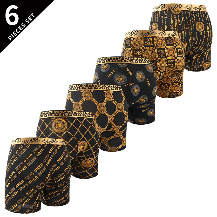 6pcs men's luxurious black and gold printed boxer briefs-ultra-soft ice feeling, antibacterial breathable-elastic sports shorts,