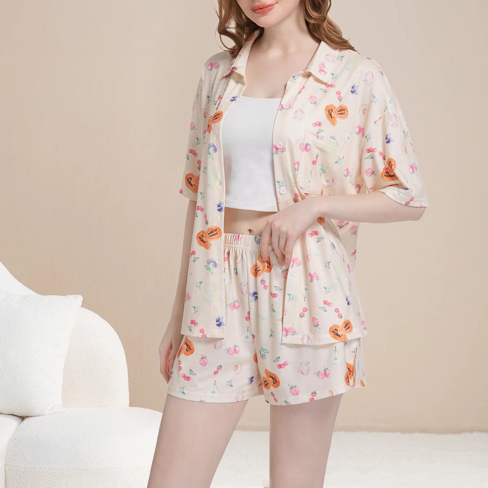 Women Fruit Print Pajamas Set Breathable Soft Loungewear Button Down Sleepwear Cute Pyjama Trousers Set for Loose Home Wear