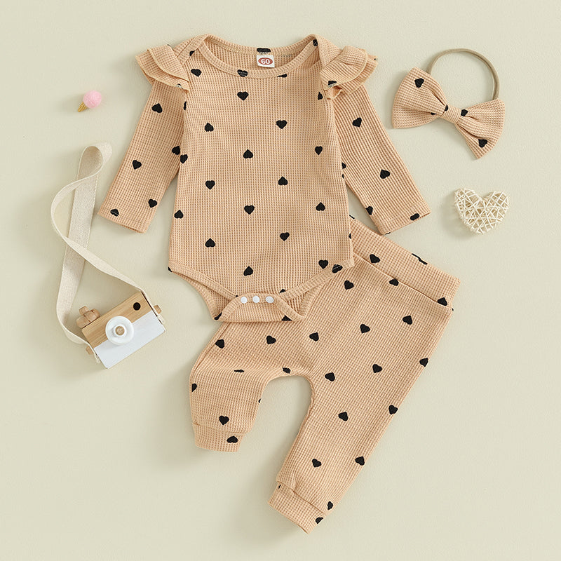 2023-09-12 Lioraitiin Infant Baby Girl Clothes Set Waffle Knit Heart Long Sleeve Romper Pants Headband Suit Outfits Fall Clothes