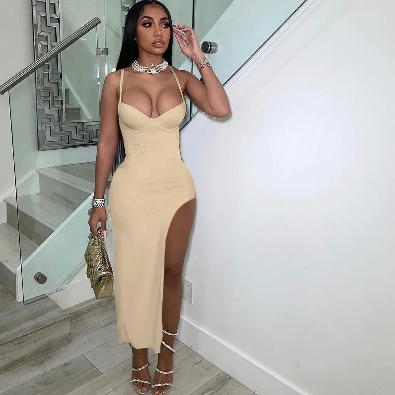 FAGADOER Sexy High Slit Bodycon Long Dress Women Solid Color Spaghetti Strap Backless Dresses Female Streetwear Vestidos 2025