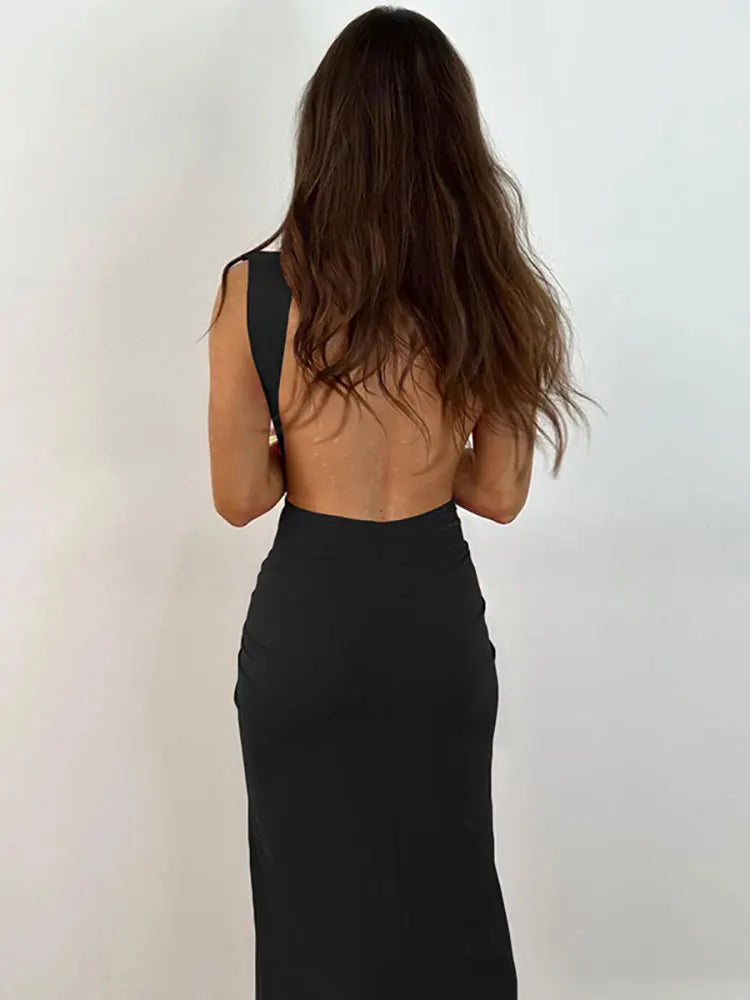 GACVGA Summer Fashion Ruched Long Dress Sexy Backless V Neck Hight Slit Women Bodycon Party Maxi Dress
