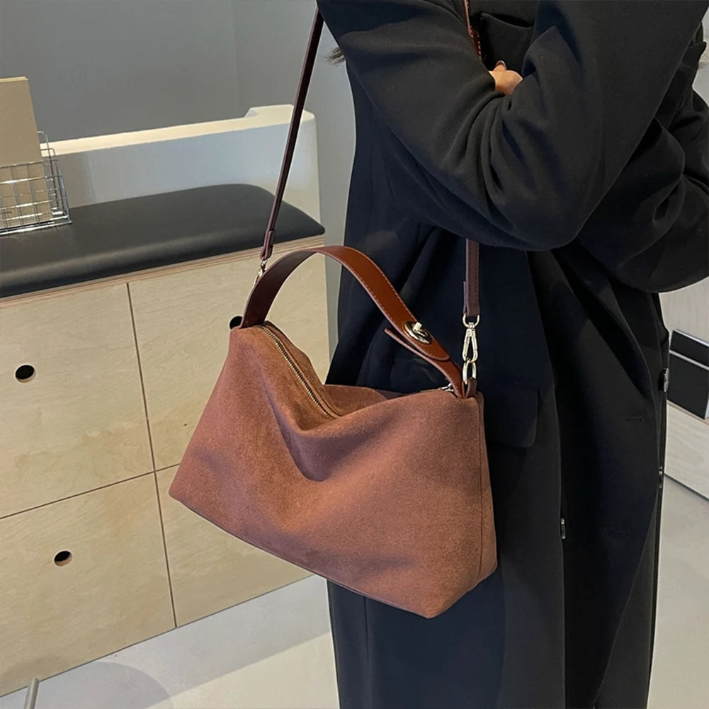 Women Suede Shoulder Bag Adjustable Strap Hobo Purse With Inner Pocket Satchel Purse Zipper Clutch Purse for Work Travel