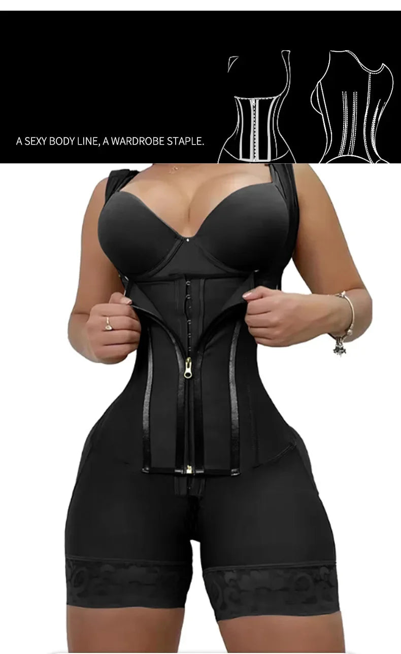 Body Shaper Shapewear Women Bodysuit Colombian Fajas 9-bone High Compression Girdle Double Tummy Control,Open Crotch with Zipper