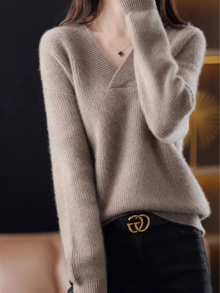 V-neck Basis Pullover Women's Solid Loose Knit Sweater Autumn Winter Jumpers Knitwear Soft Warm Chic Femme Sweater Casual Tops