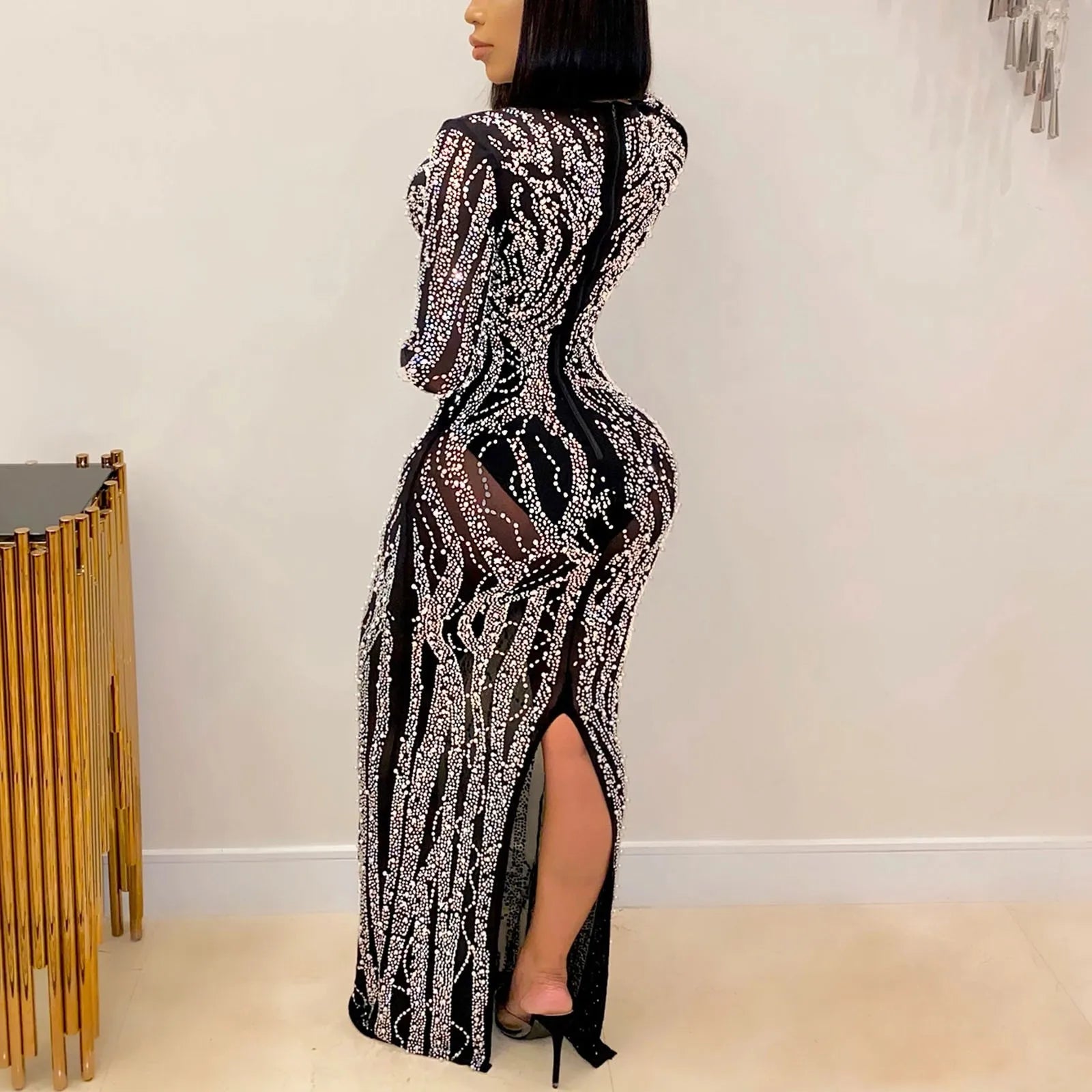 Beach Maxi Dress Slit Long High Women'S Rhinestone Mesh Neck V Sexy Sheer Dress Party Dress Sleeve Womens Coral Dress Casual