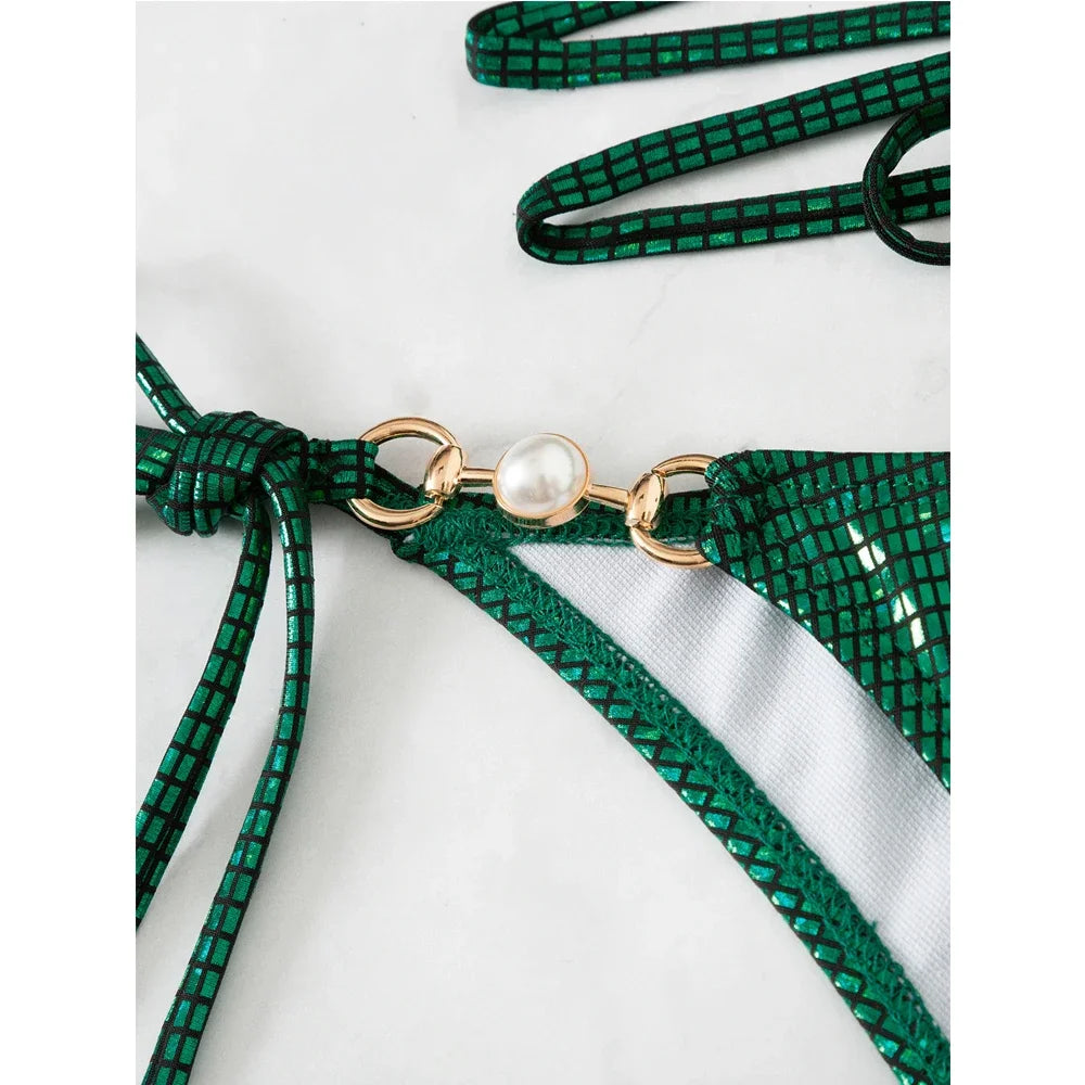 2024 Green Shiny Bikini Women 2-piece Low Waist Swimsuit Sexy Triangle Cup Suspender Backless Bathing Suit Summer Beach Swimwear