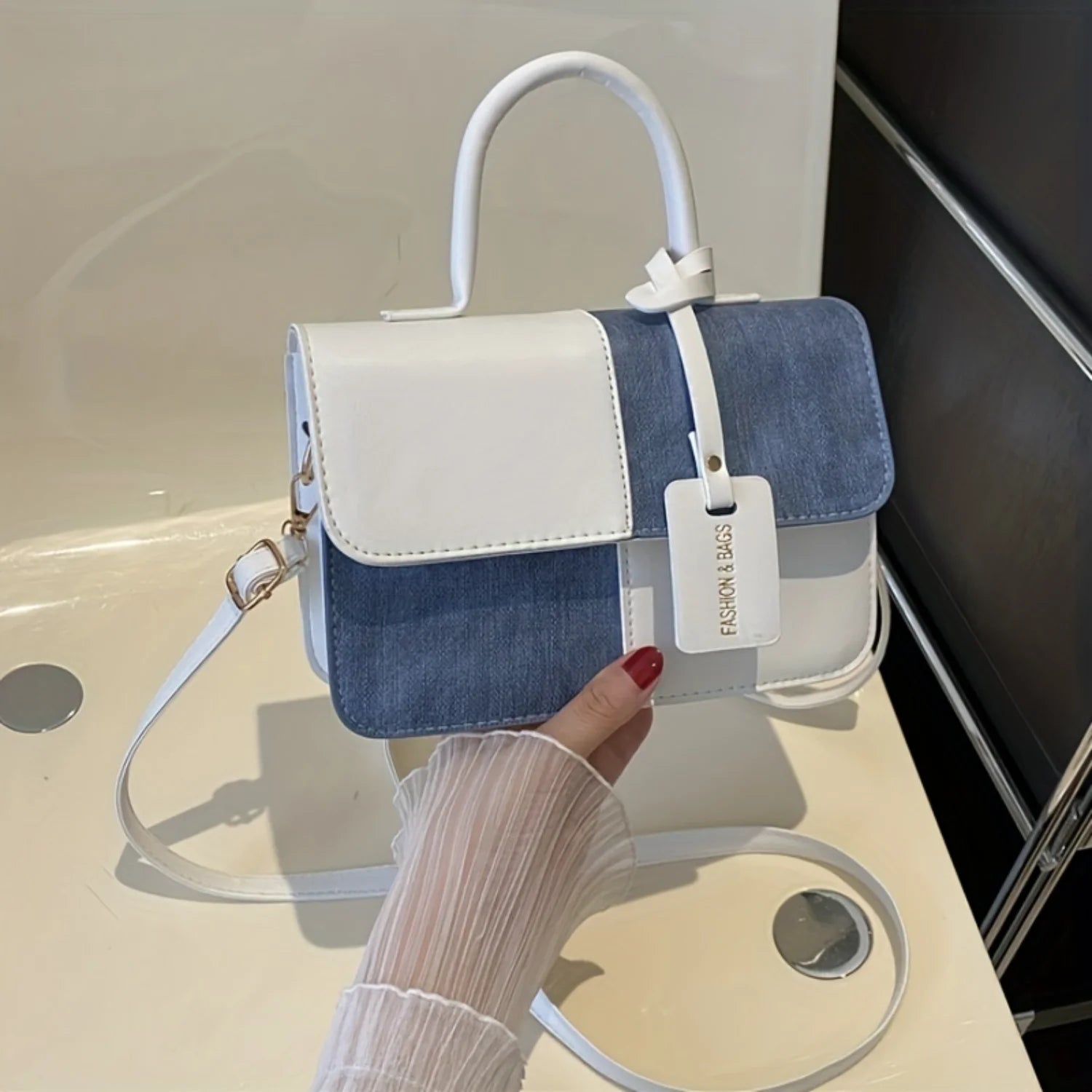 Chic Colorblock Square Top Handle Handbag for Women, Stylish Flap Shoulder Purse with Novelty Design, Fashionable PU Leather Bag