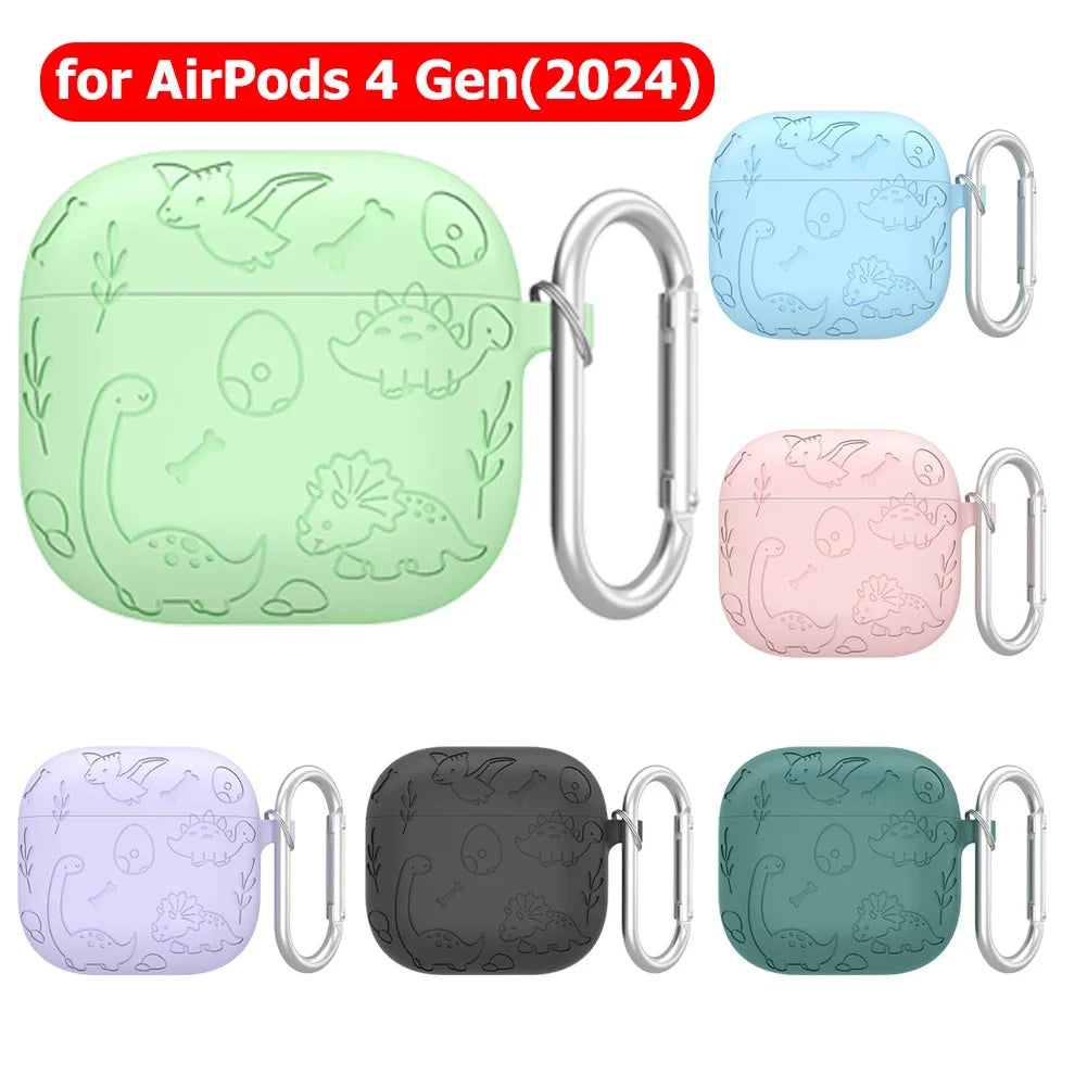 Silicone Case Protector with Carabiner Engraved Flower Dinosaur Case Soft Silicone Skin Protective Case for AirPods 4 Gen (2024)