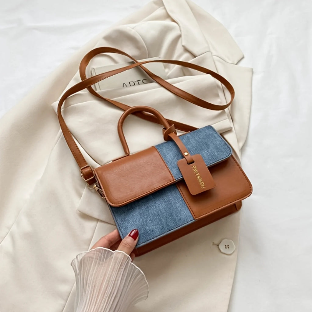 Chic Colorblock Square Top Handle Handbag for Women, Stylish Flap Shoulder Purse with Novelty Design, Fashionable PU Leather Bag