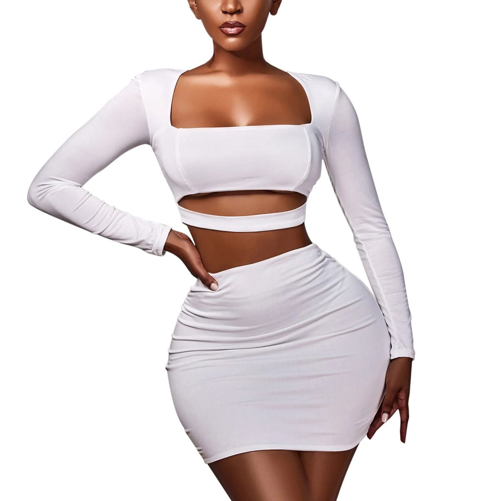 Sexy Elagant Solid Color Two Piece Set Women Long Sleeve Crop Top And Cutout Short Skirt Suits Spring Summer Party Club Outfits