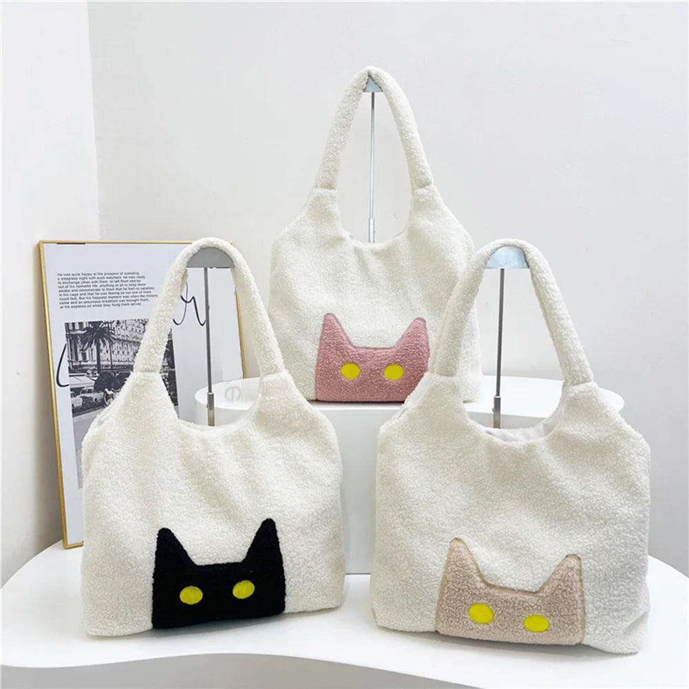 Women Lambs Wool Tote Handbag Large Capacity Plush Tote Bag Cute Cat Satchel Bag Fluffy Purse Shopping Dating Bag