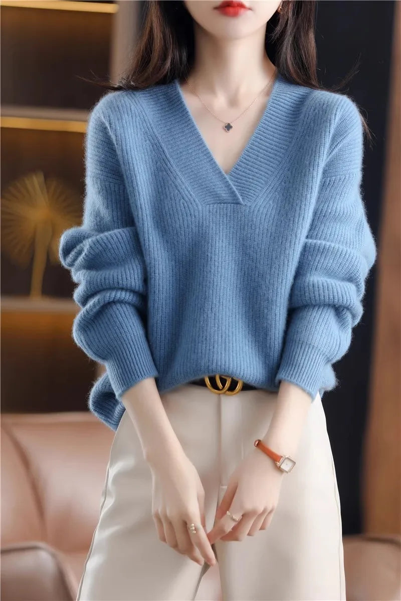 V-neck Basis Pullover Women's Solid Loose Knit Sweater Autumn Winter Jumpers Knitwear Soft Warm Chic Femme Sweater Casual Tops