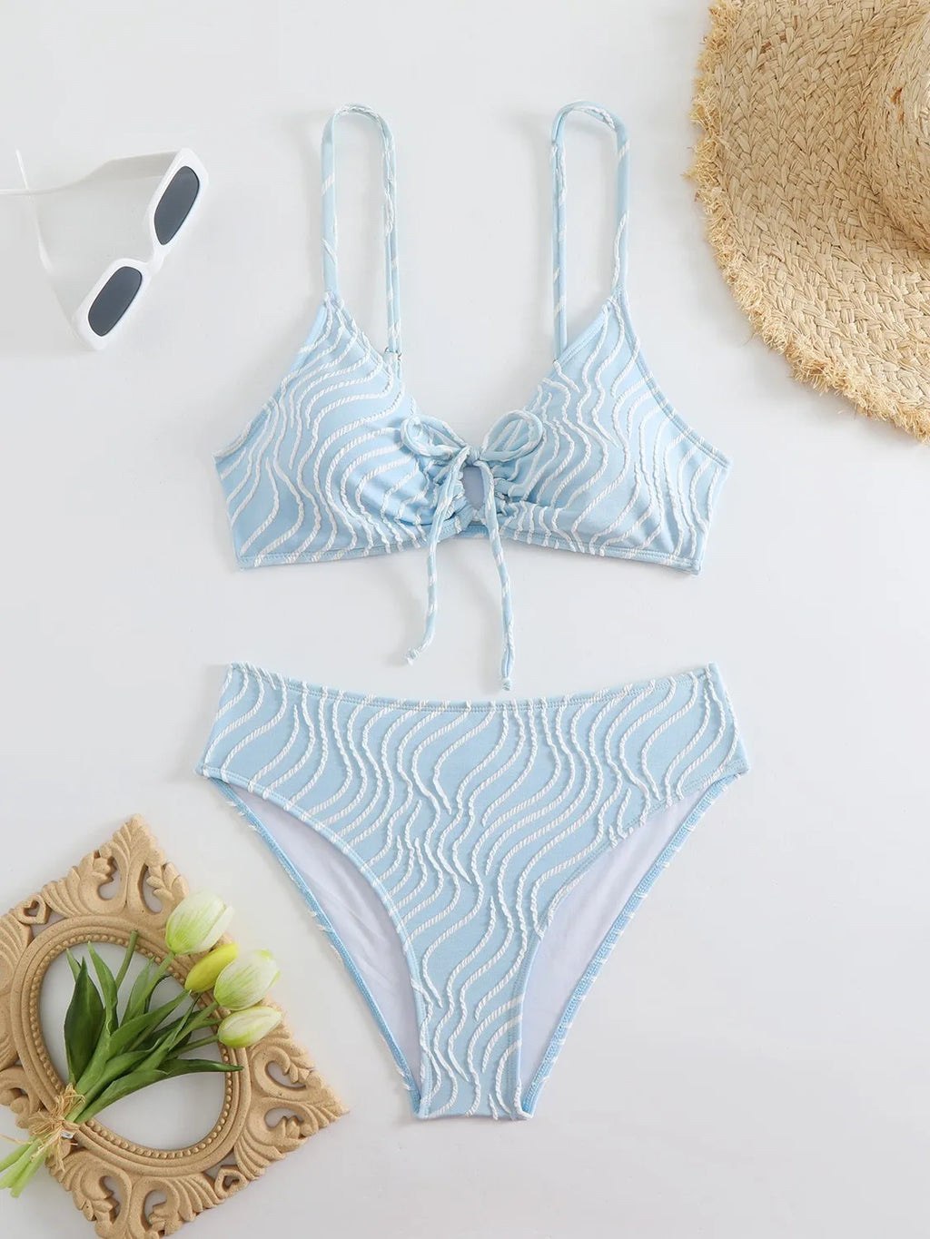2025 New Women's Bikini Set Stripe Print 2 Pice Swimsuit Drawstring Lace-up V Neck Suspender Backless Beach Vacation Swimwear