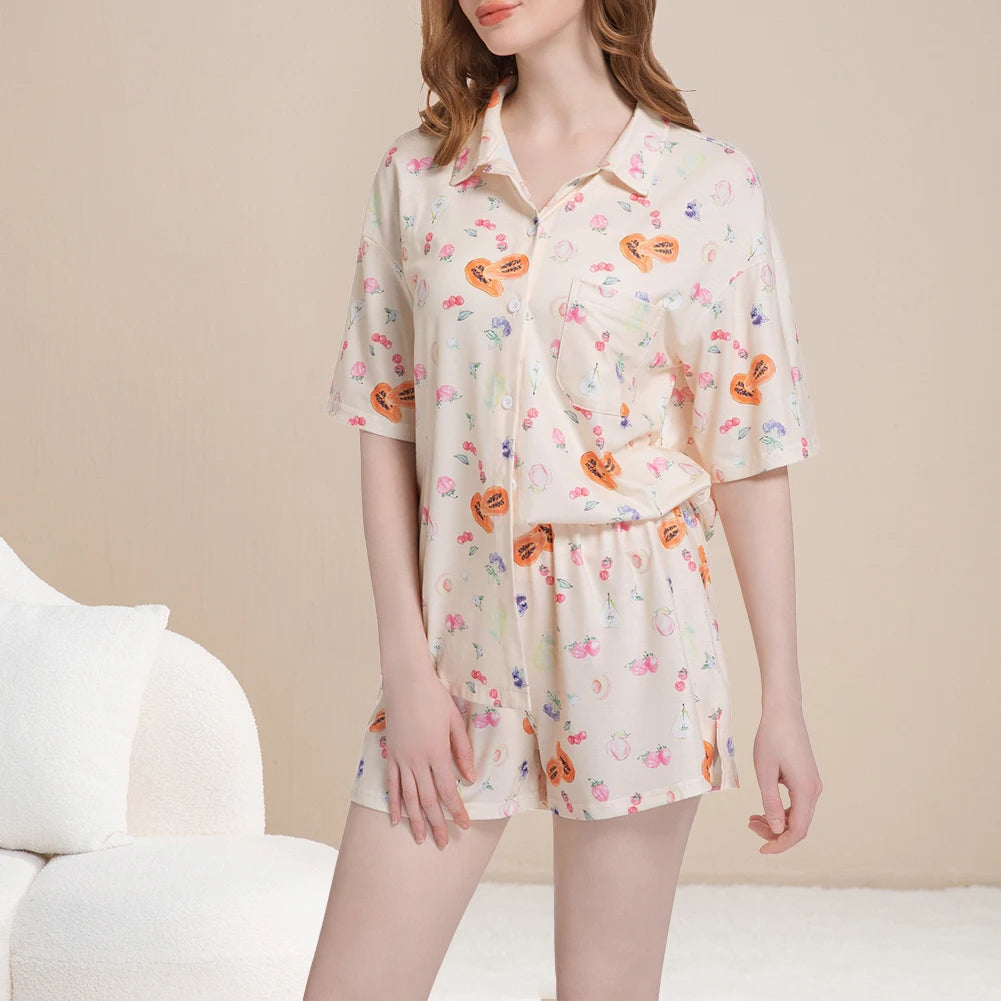 Women Fruit Print Pajamas Set Breathable Soft Loungewear Button Down Sleepwear Cute Pyjama Trousers Set for Loose Home Wear