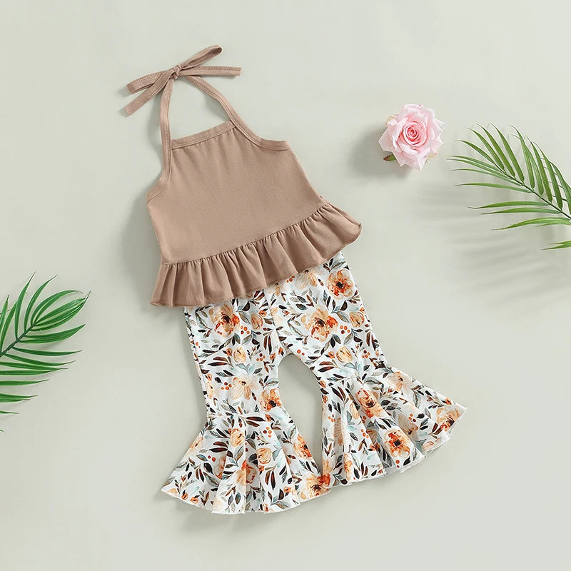2023-02-16 Lioraitiin 0-24M Newborn Baby Girls 2Pcs Summer Clothing Set Lacing Halterneck Vest with Flower Print Flare Pants