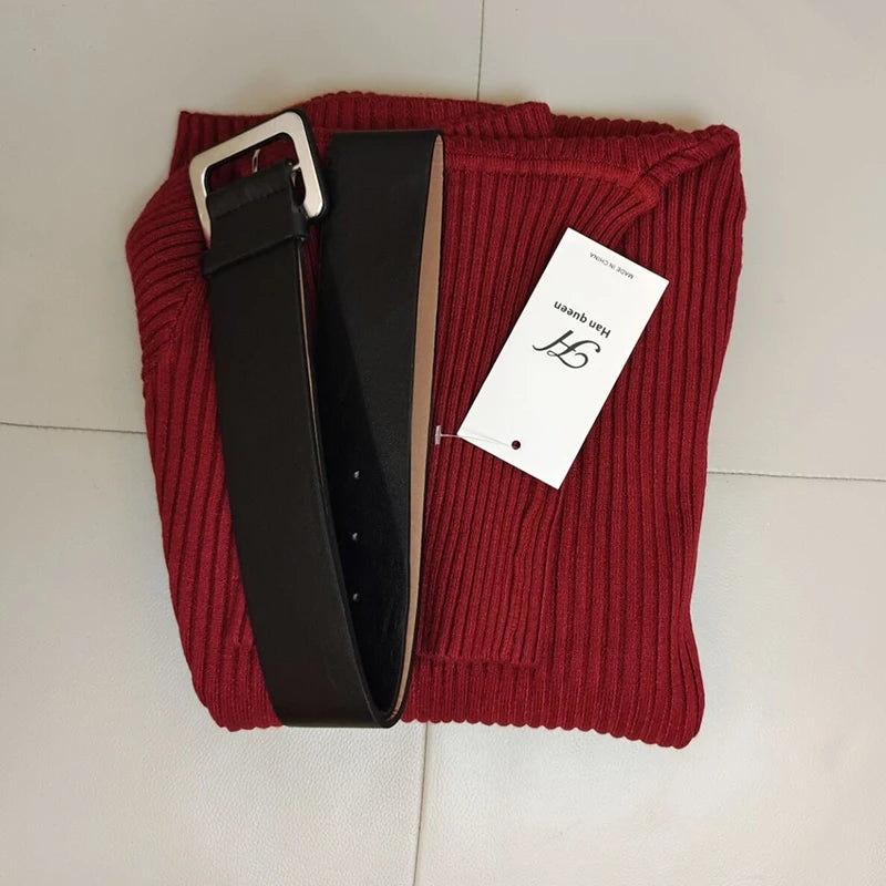 H Han Queen Knitted Turtleneck Sweater Bodycon Dress Bottoming Women Soft Elastic Autumn Winter Midi Party Dresses With Belt