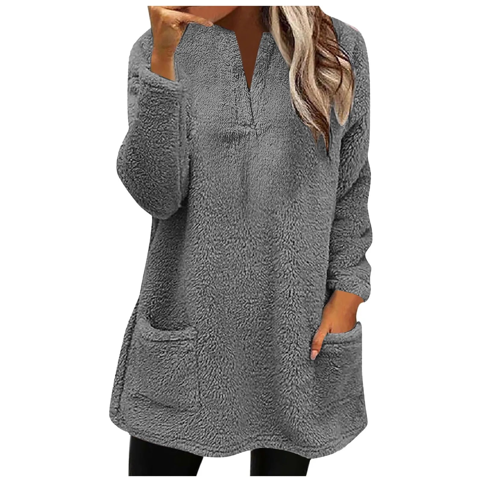 2024 New Women Long Sleeve Fleece Sweatshirts Double Pocket V Neck Pullover Tops Solid Color Plush Sweatshirt Female Outerwear