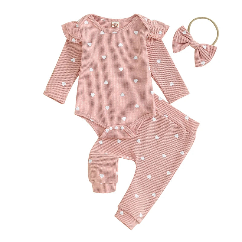 2023-09-12 Lioraitiin Infant Baby Girl Clothes Set Waffle Knit Heart Long Sleeve Romper Pants Headband Suit Outfits Fall Clothes