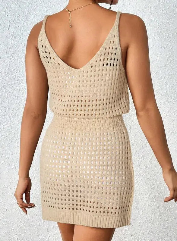 Summer Hollow Out Knitting Mini Spaghetti Strap Dresses Women Sexy V-neck Backless Vacation Beach Dress Casual Beachwear Vestido