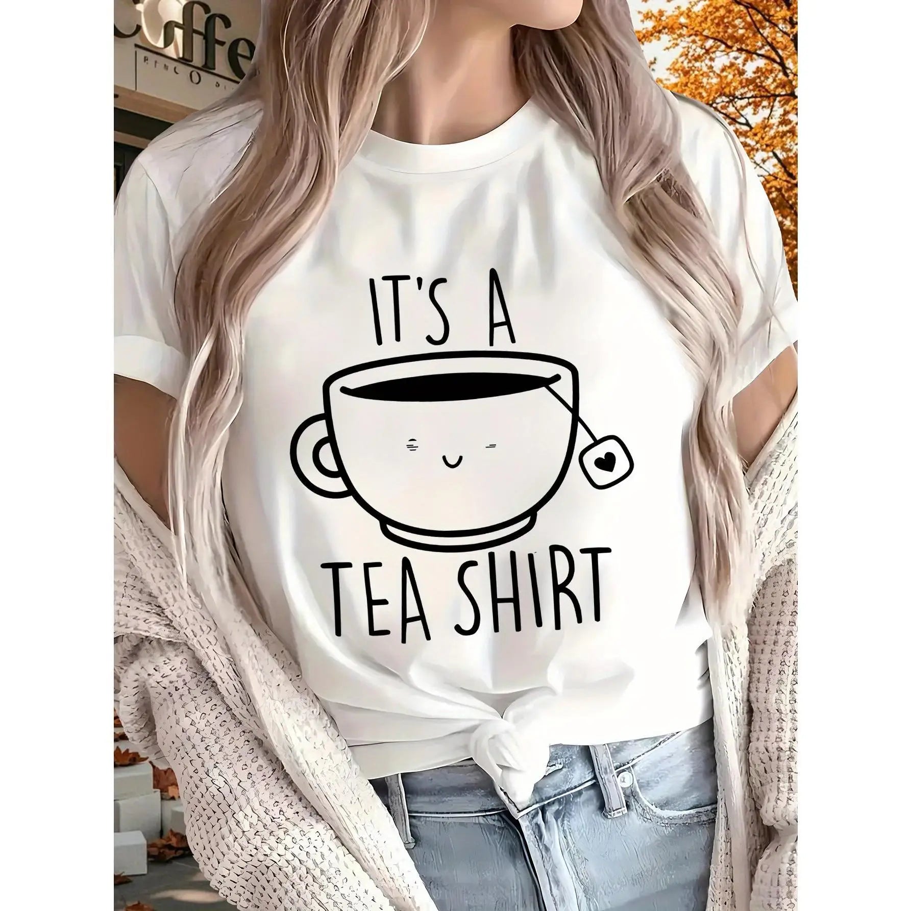 Women's Cute Cartoon Tea Cup & Slogan Print T-Shirt - Short Sleeve, Crew Neck, Lightweight & Breathable for Casual Attire, Home