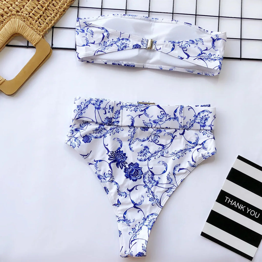 2023 Swimsuit Women Neon Green Strapless High Waist Bikini Beach Bathing Suit Waist Buckle Swimwear Maillot De Bain Femme XMB10