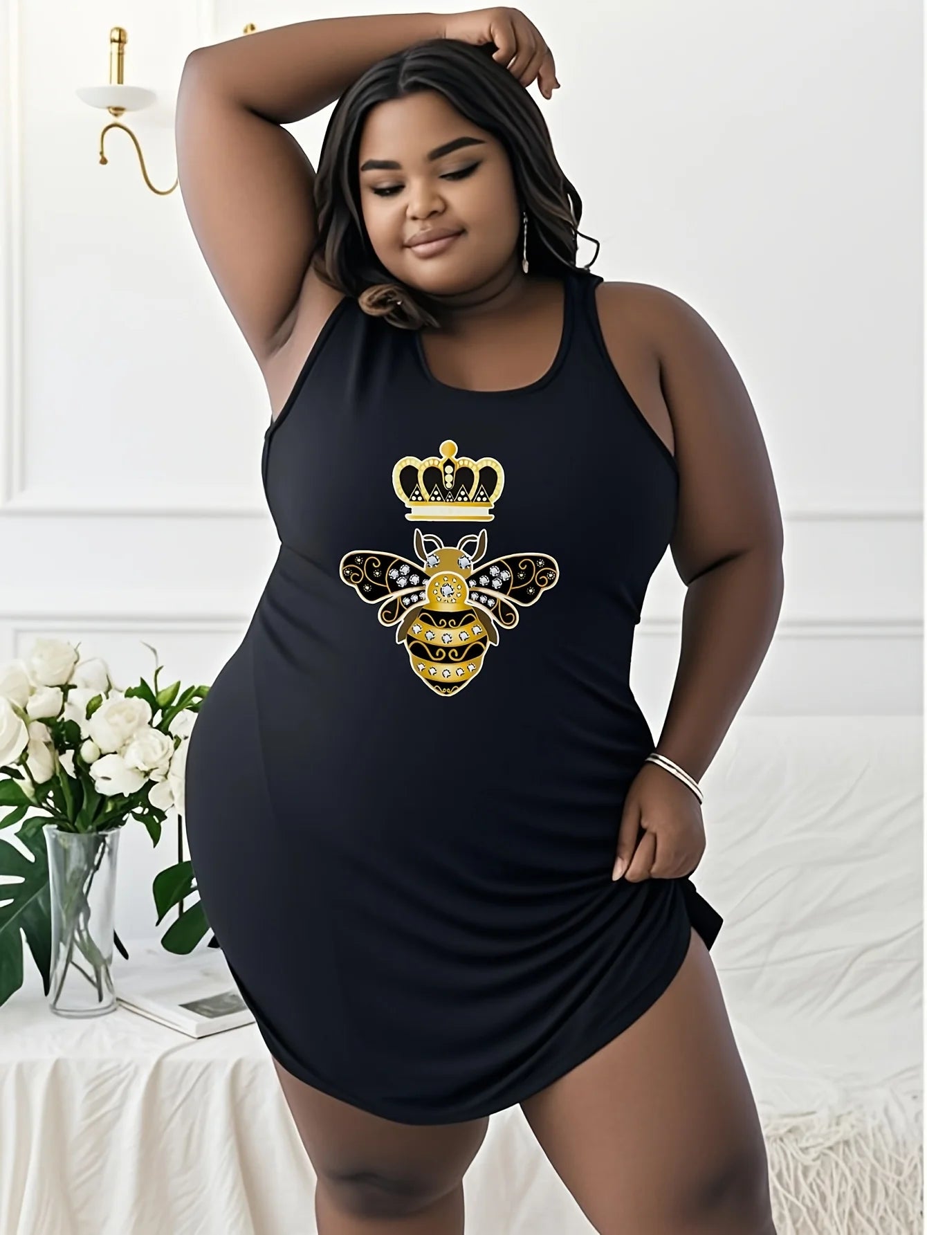 Lady Summer plus size Bee With Crown And Diamonds printed t shirt dress Bee With Crown And Diamonds