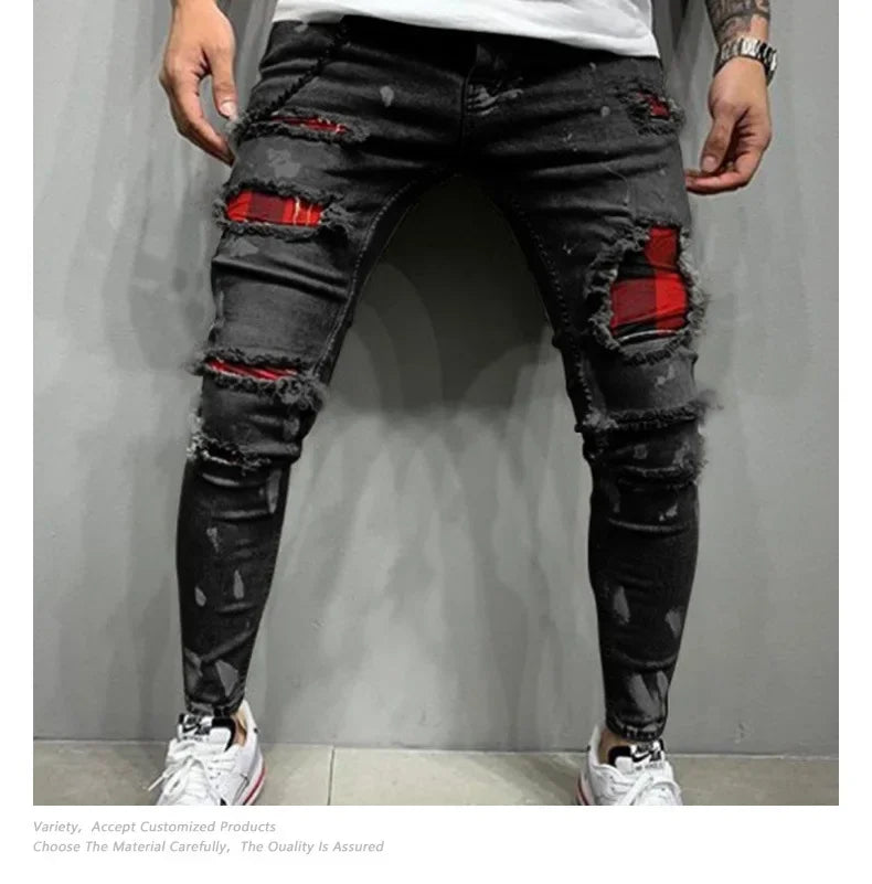 2025 Jeans Pencil Pants Holes Distressed Men Streetwear Denims Patchwork Mid Waist Slim Fit Washed Denim Ankle Length Trousers