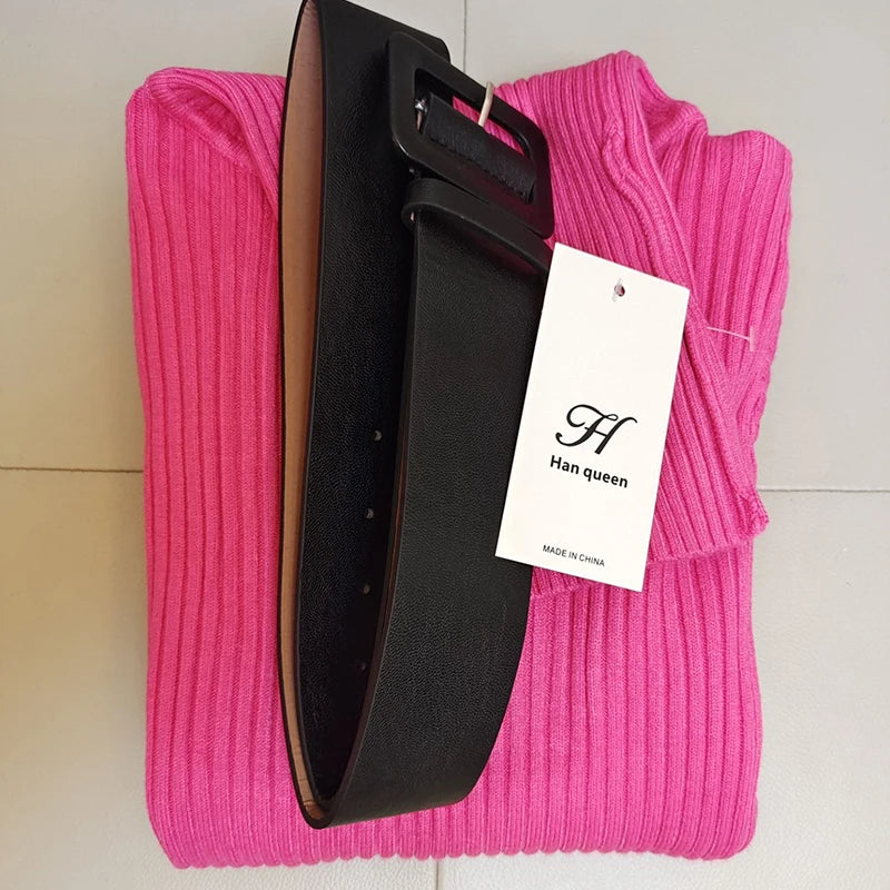 H Han Queen Knitted Turtleneck Sweater Bodycon Dress Bottoming Women Soft Elastic Autumn Winter Midi Party Dresses With Belt