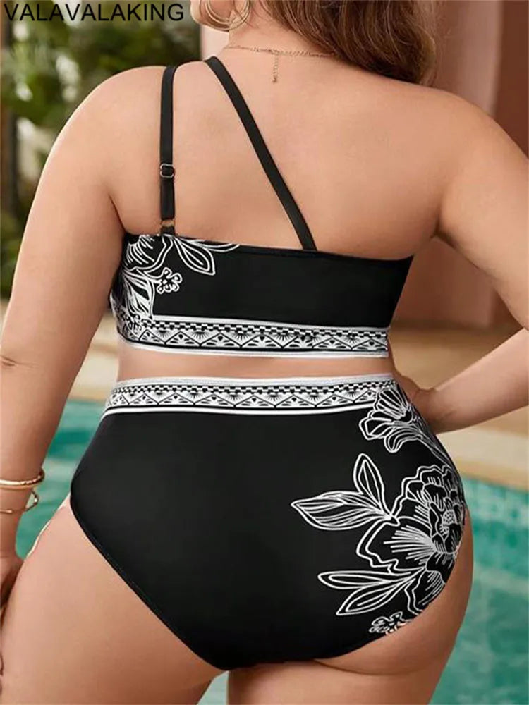 2025 Print One-shoulder Two Piece Plus Size Bikini Women High Waist Large Swimsuit Lady Chubby Swimwear Beach Curvy Bathing Suit