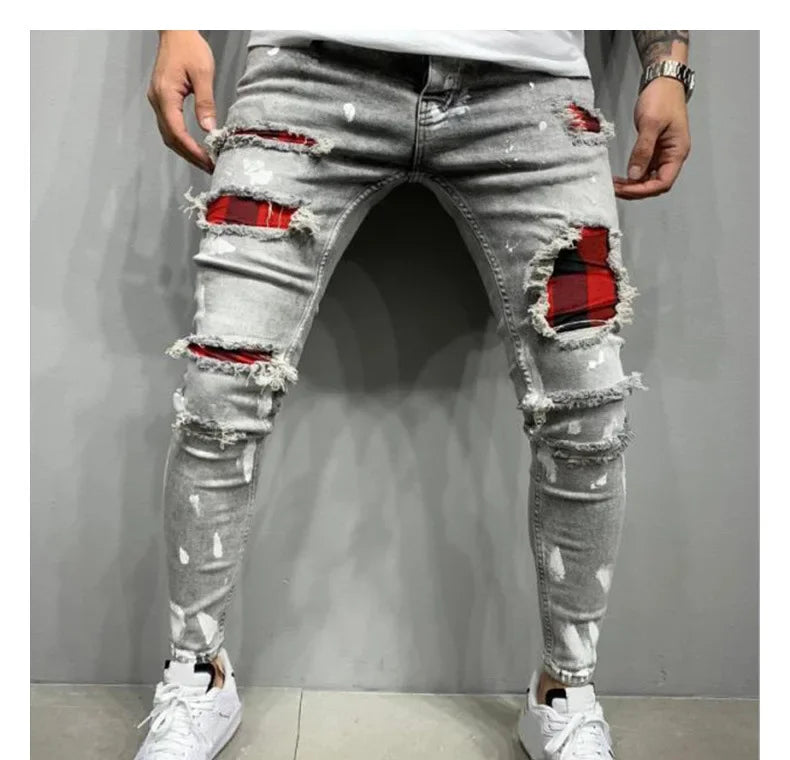 2025 Jeans Pencil Pants Holes Distressed Men Streetwear Denims Patchwork Mid Waist Slim Fit Washed Denim Ankle Length Trousers