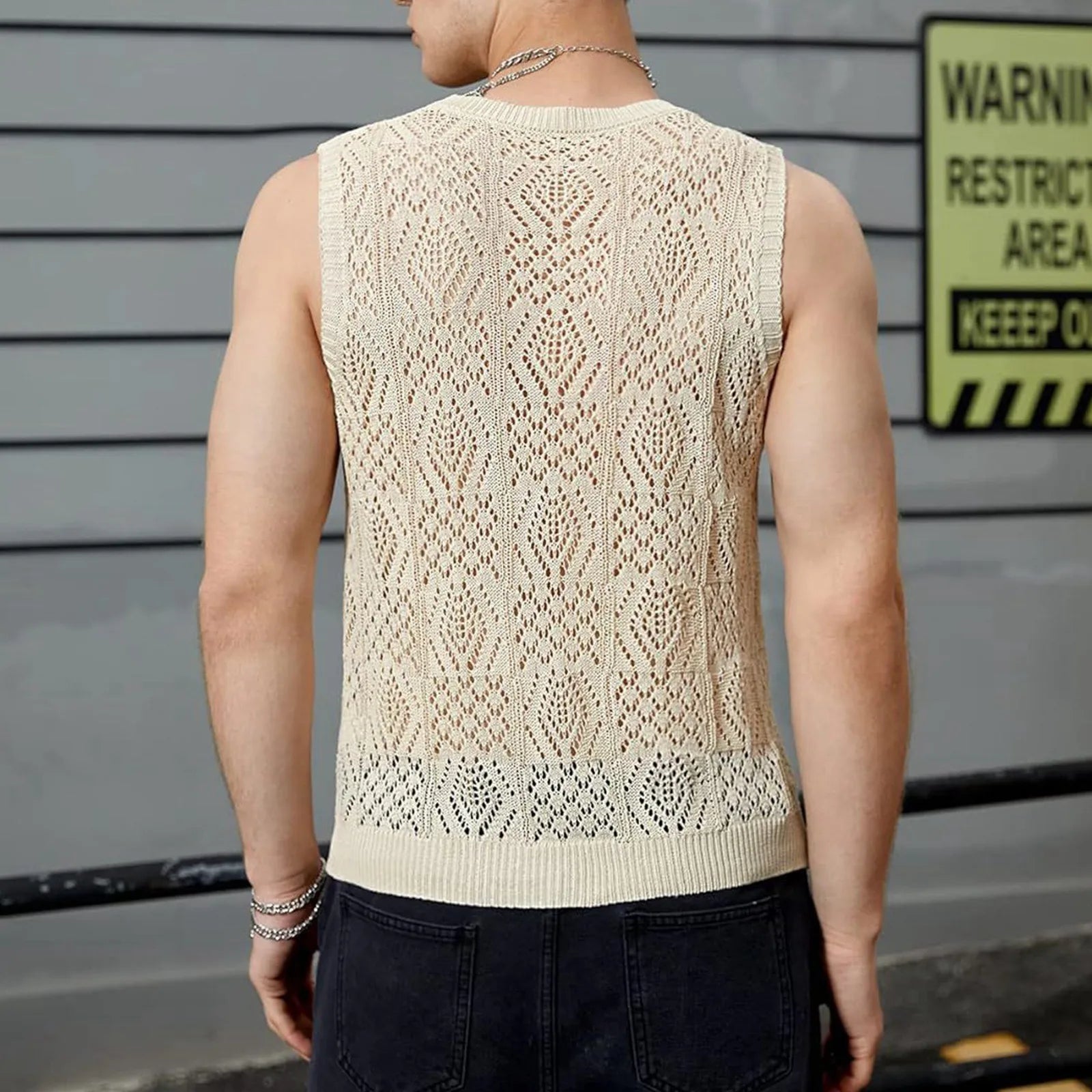 Beach Tops For Men Men'S Knitted Hollowed Out Vest Crew Neck Sleeveless Male Clothes With Designs Camiseta Sin Mangas Hombre