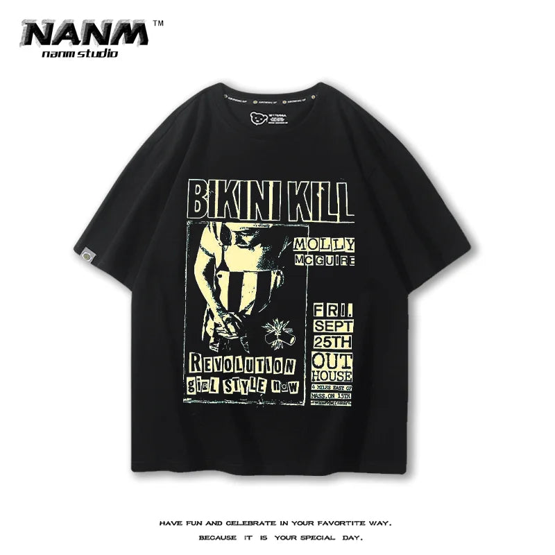Bikini Kill  American style hip-hop rock sports music street fitness summer loose men's T-shirt top Women's T-shirt couple style