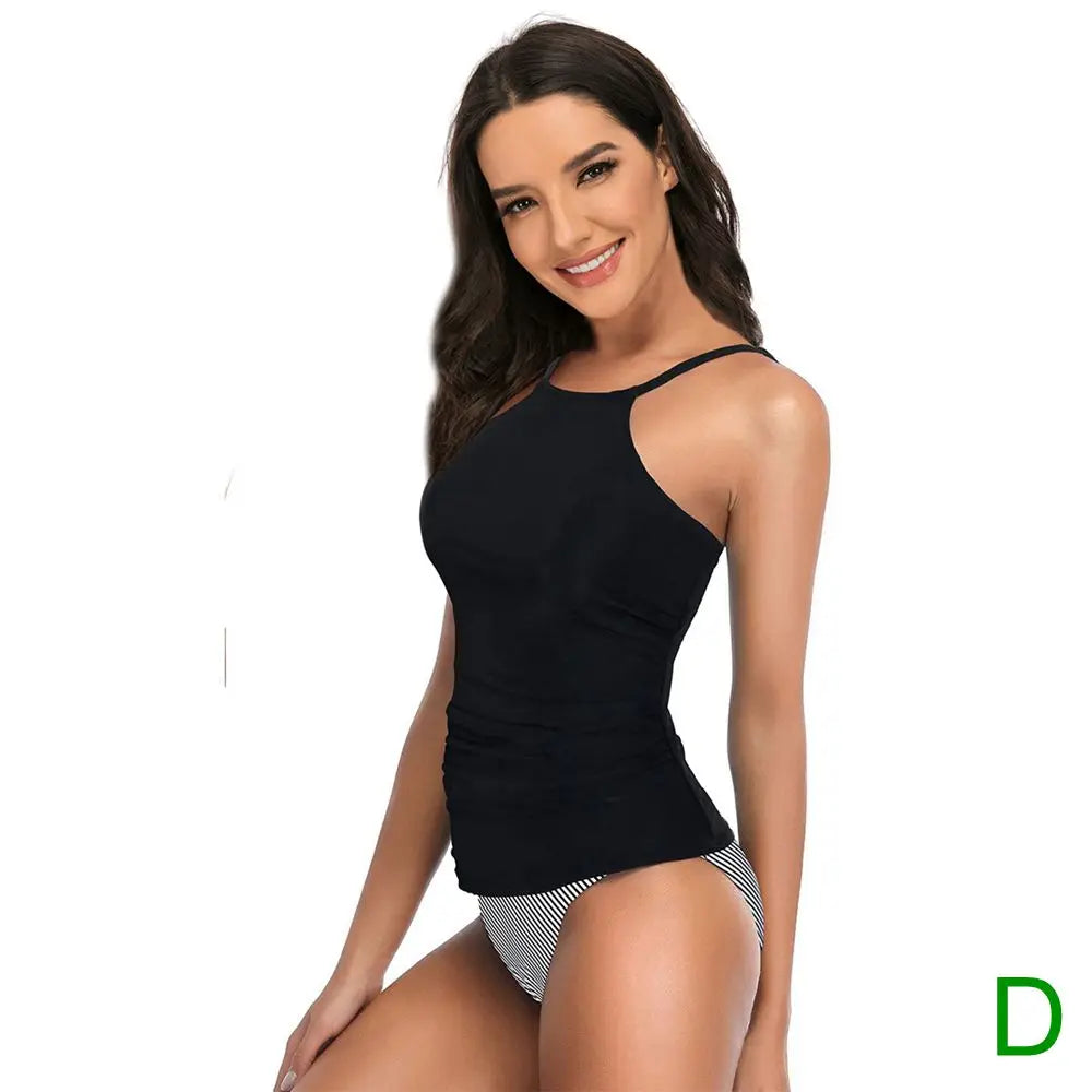 13 Colors Women Conservatively Cover Belly Tankini Set Padded Top With Adjustable Shoulder Straps Elastic Slim Knitted Beachwear