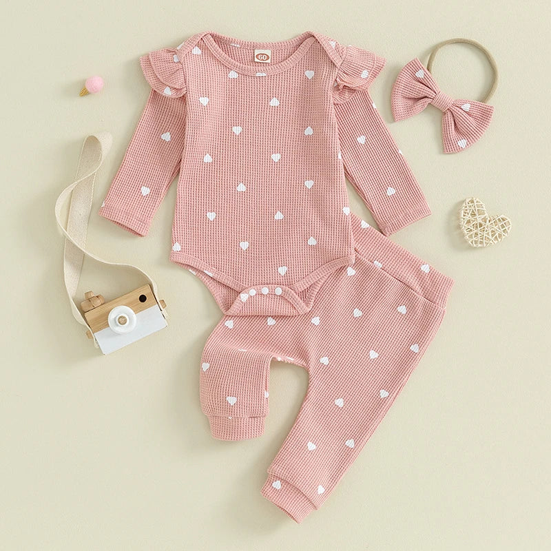 2023-09-12 Lioraitiin Infant Baby Girl Clothes Set Waffle Knit Heart Long Sleeve Romper Pants Headband Suit Outfits Fall Clothes