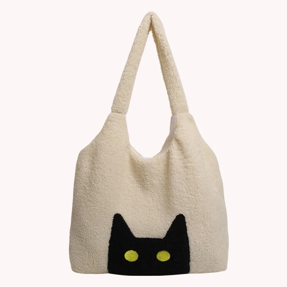 Women Lambs Wool Tote Handbag Large Capacity Plush Tote Bag Cute Cat Satchel Bag Fluffy Purse Shopping Dating Bag