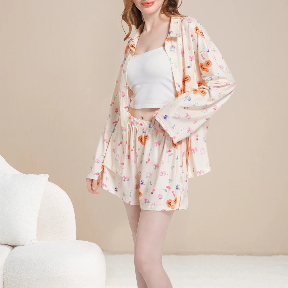 Women Fruit Print Pajamas Set Breathable Soft Loungewear Button Down Sleepwear Cute Pyjama Trousers Set for Loose Home Wear