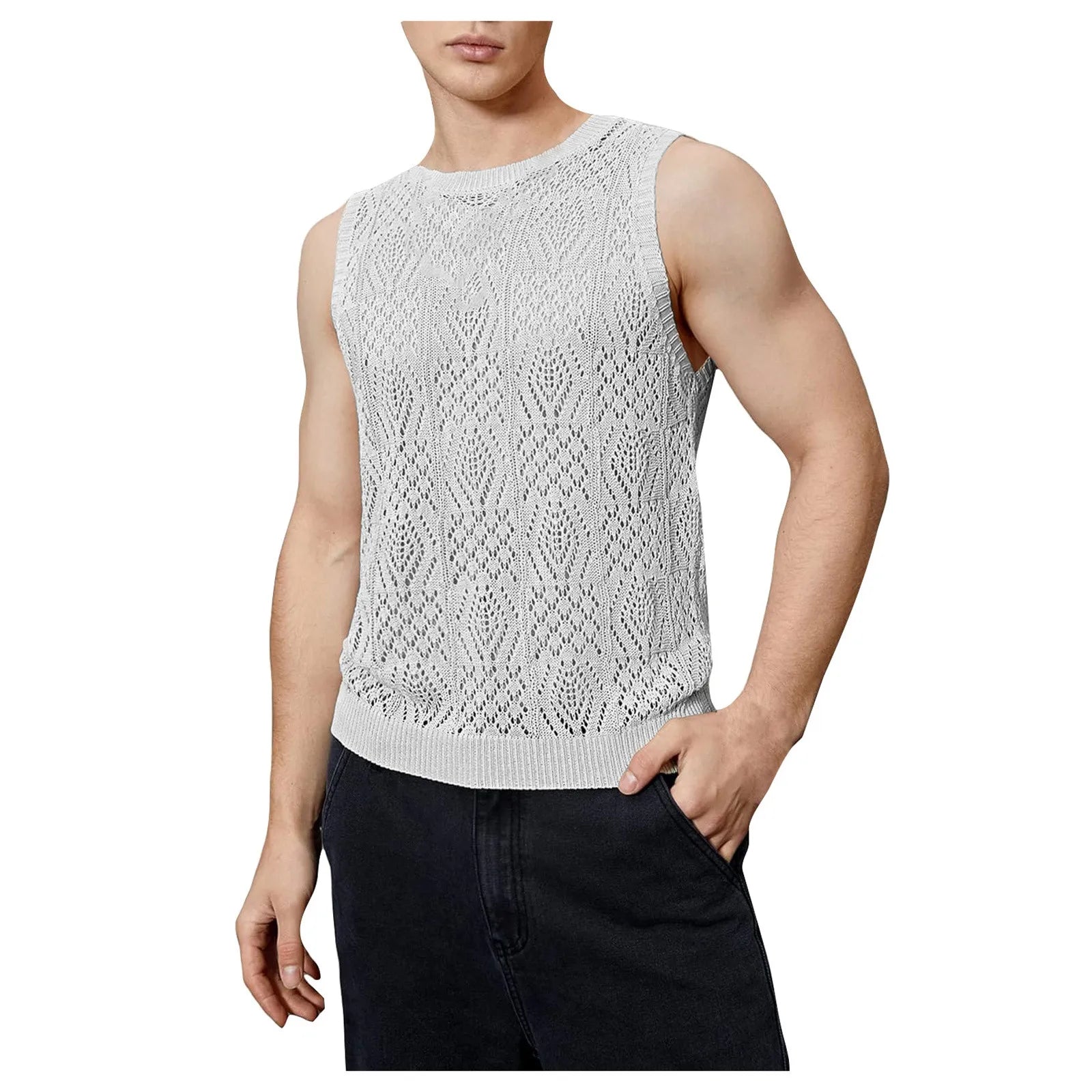 Beach Tops For Men Men'S Knitted Hollowed Out Vest Crew Neck Sleeveless Male Clothes With Designs Camiseta Sin Mangas Hombre
