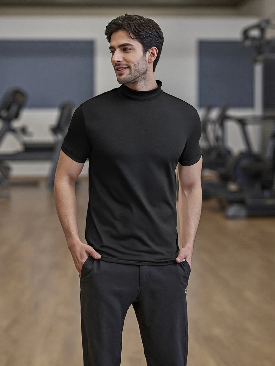 Men s Casual Short Sleeve T-Shirt  Fit Solid Color High Neck Summer Basic Tee Simple Tops for Everyday Wear