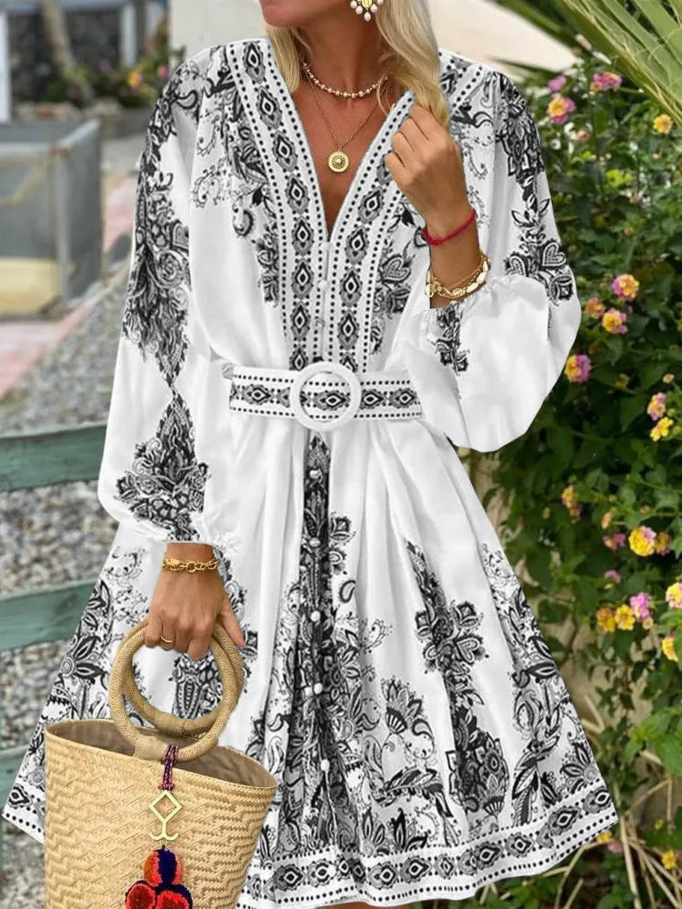 Spring Elegant Women Dress 2025 Fashion Lantern Sleeve V Neck Boho Print Dress Vintage Belt Loose Party Dresses Femme Vestidos