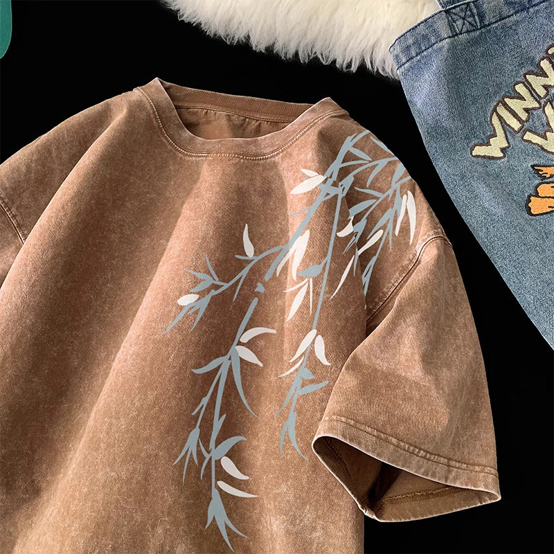 Bamboo Leaf Pattern Short Sleeve Heavy Fabric Acid Washed Men's T-shirt Men Woman Streetwear Oversized Loose Tops Summer Tees