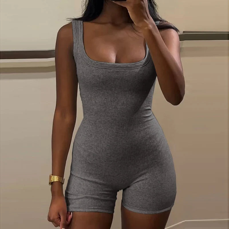 BIIKPIIK Solid Square Collar Women Rompers Casual Sleeveless Knit Playsuits Sporty Jogging Slim Fit Overalls Body-shaping Summer