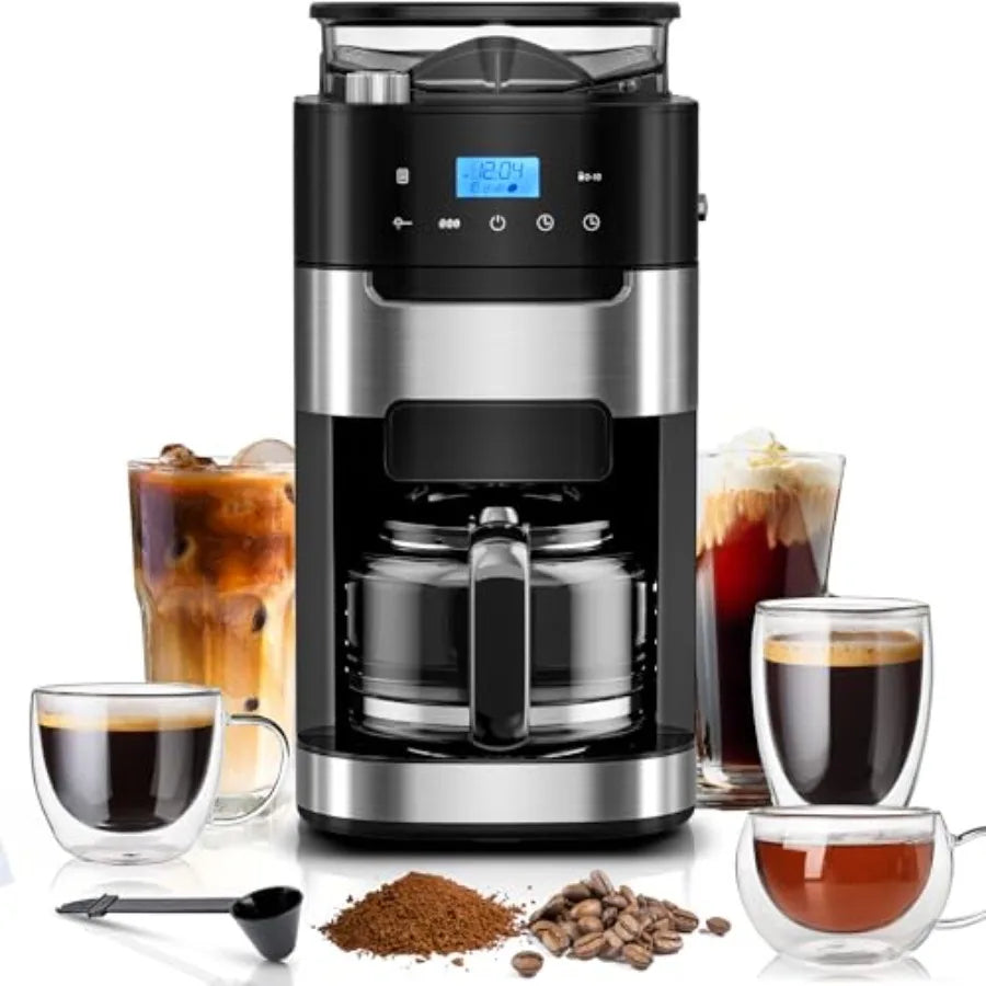 10Cup Digital Drip Coffee Maker with BuiltIn Grinder for Home and Office Use: 12Hour Timer Programmable Settings 1.5L Water Tan