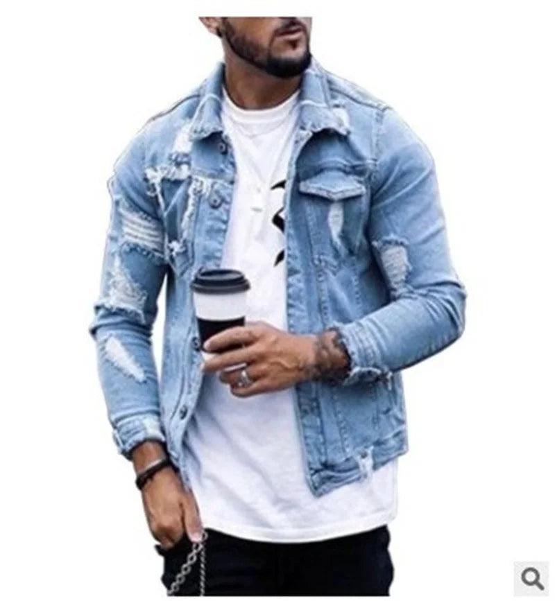 Fashion Men Jackets Spring Autumn New Lapel Men's Denim Jacket Holes Irregular Washing Jacket Men Long Sleeve Cardigan Tops