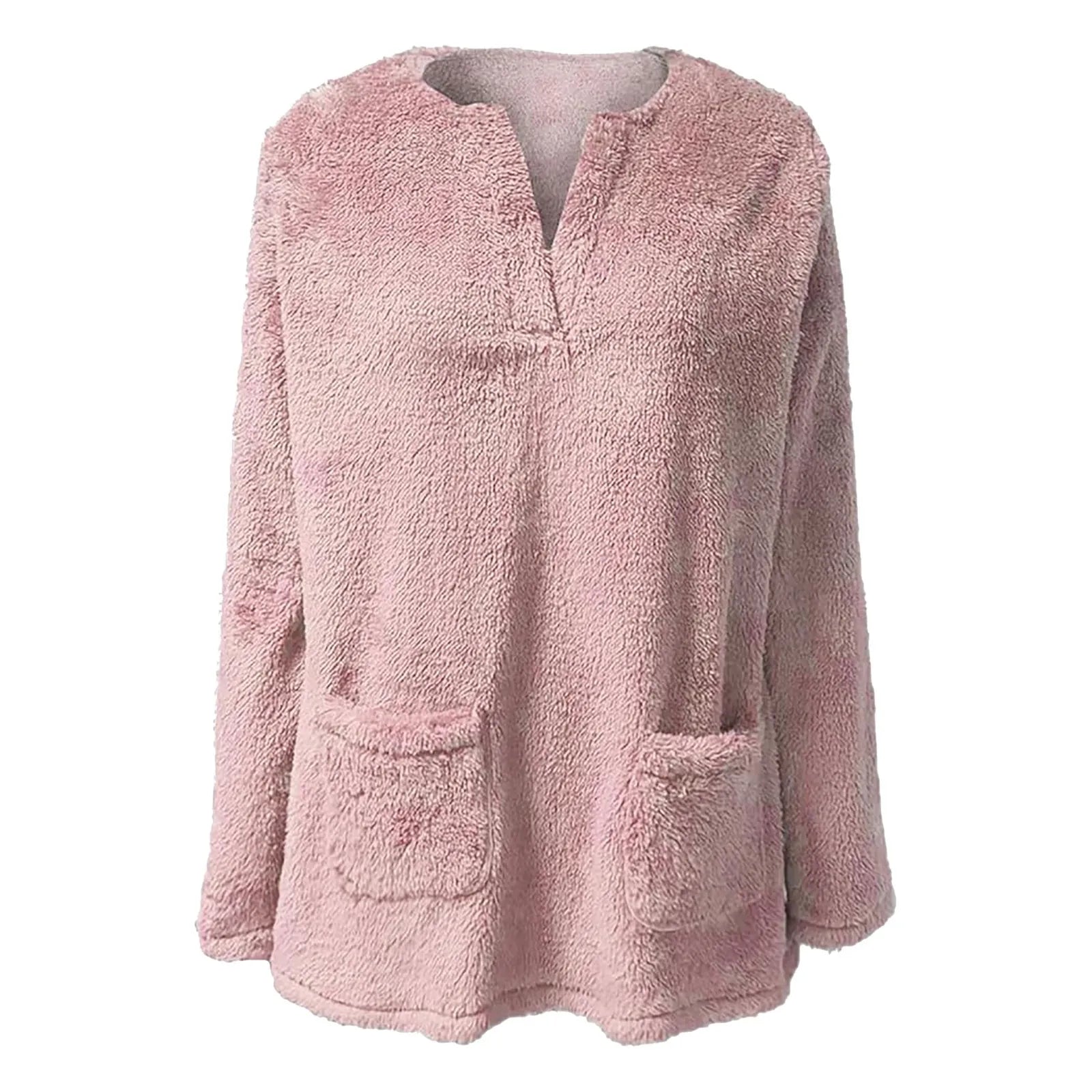 2024 New Women Long Sleeve Fleece Sweatshirts Double Pocket V Neck Pullover Tops Solid Color Plush Sweatshirt Female Outerwear