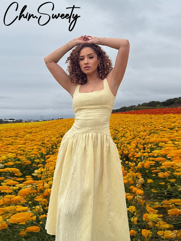 Elegant Pleated Long Dress Women Slim Square Neck Backless Sleeveless Female Sling Dresses 2025 Summer Lady Solid A-line Robe