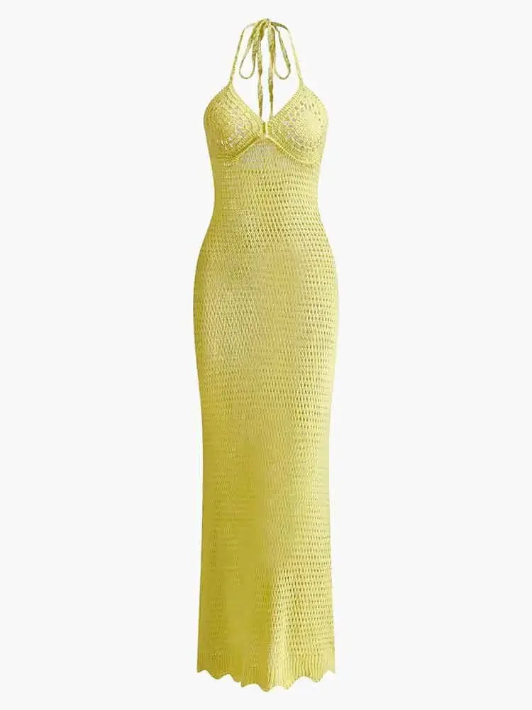 Solid Colour Sexy Knit Cut Out Holiday Beach Dresses Women's 2025 Summer Sexy V-Neck Spaghetti Strap Bodycon Maxi Dress K32